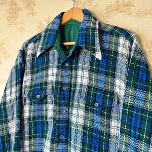 Vtg 70s Heavy Herringbone Flannel Shirt | Dagger Collar | Green Blue Plaid | XL
